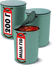 Tre sacchi di raccolta rifiuti con coperchio con chiusura a rasoio 300L - 4 maniglie robuste - stabile - pieghevole - riutilizzabile - robusto polipropilene