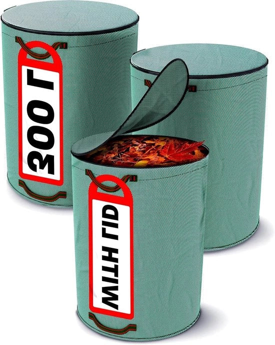 Tre sacchi di raccolta rifiuti con coperchio con chiusura a rasoio 300L - 4 maniglie robuste - stabile - pieghevole - riutilizzabile - robusto polipropilene