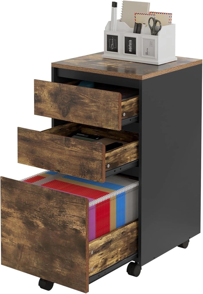 Cassettiera da Ufficio, Cassettiera Portadocumenti a 3 Cassetti, Mobiletto Portaoggetti con Ruote per Studio, Camera da Letto, in Legno, Rovere Vintage e Nero, 40x40x70cm, ASK01hov