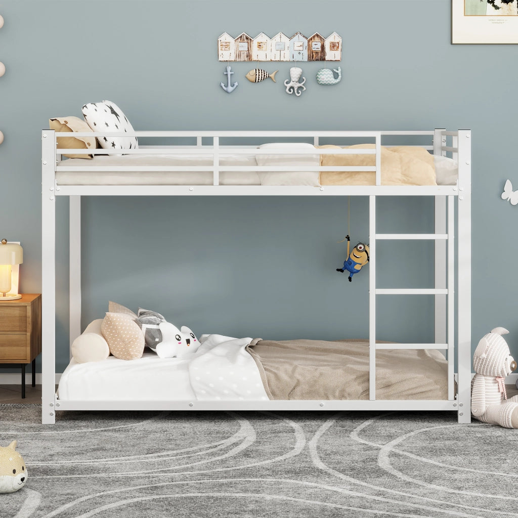 Letto a Castello 90 × 200 cm; Letto Singolo con Sponde di Sicurezza; Struttura in Metallo; senza Materasso; Bianco