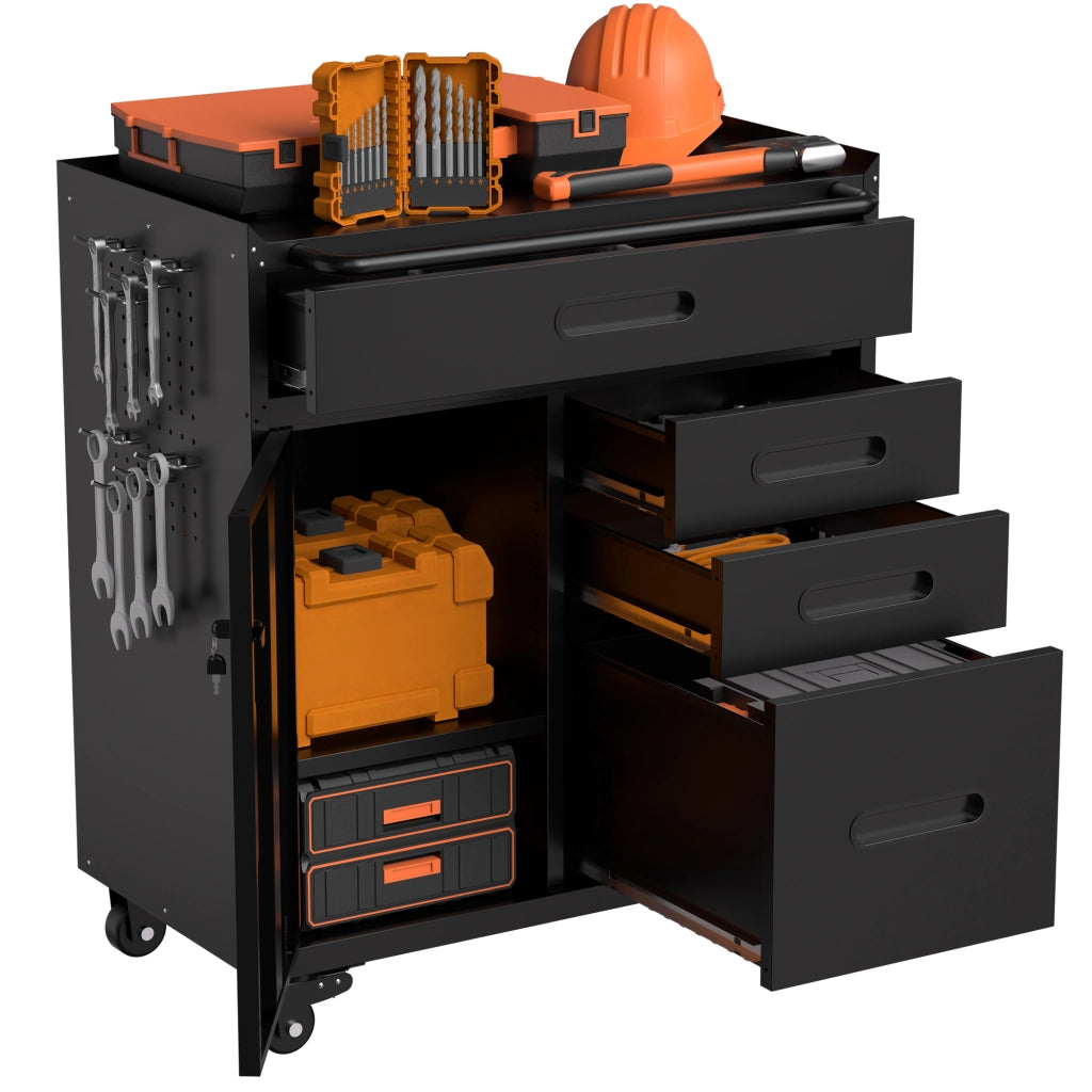 Mobiletto portautensili ¨C organizer per garage con scomparto chiudibile a chiave e 4 cassetti, contenitore in acciaio mobile per officina e garage dom
