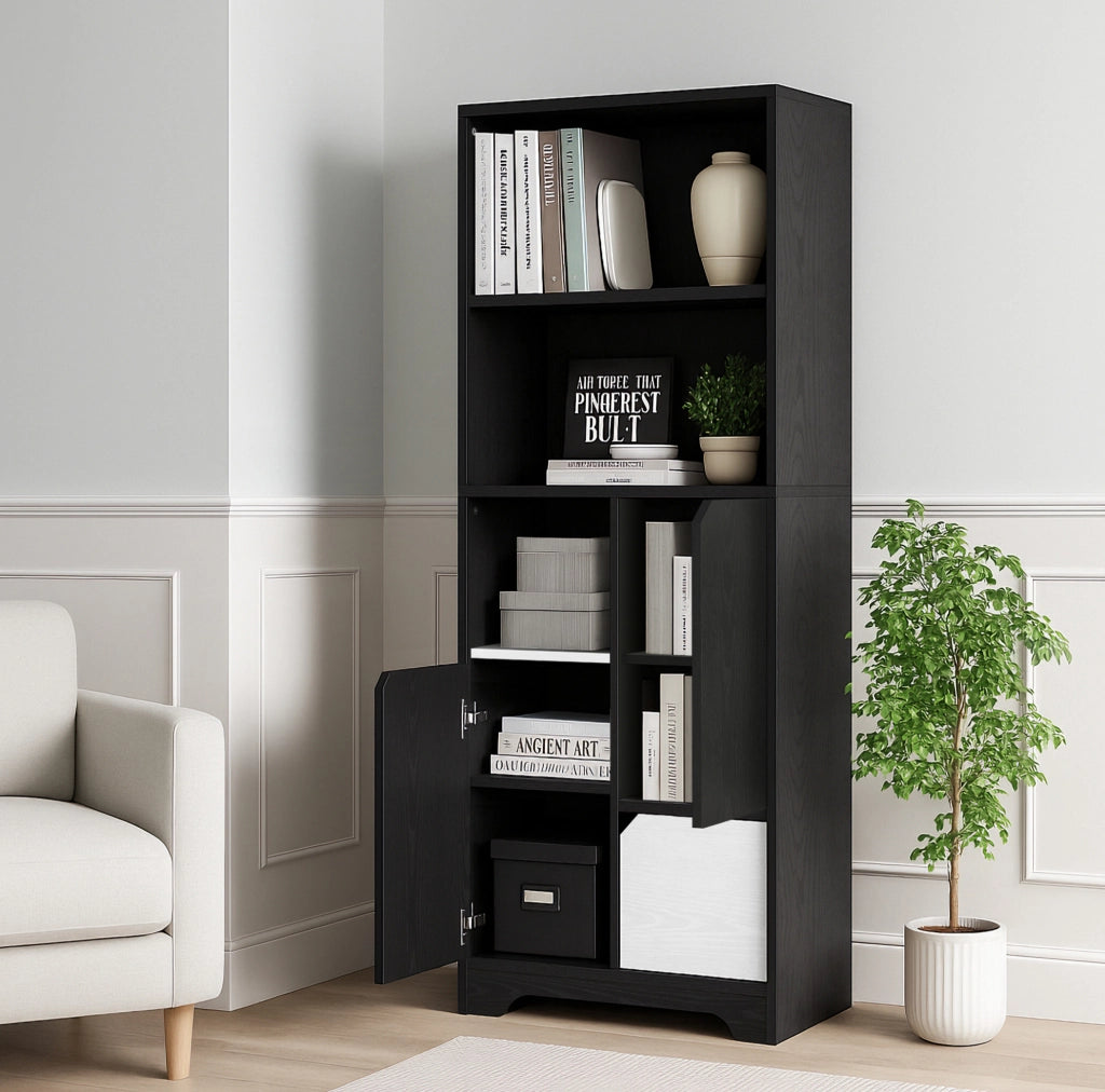 Libreria con 2 ripiani aperti e anta; 60x35x160 cm; truciolare nero