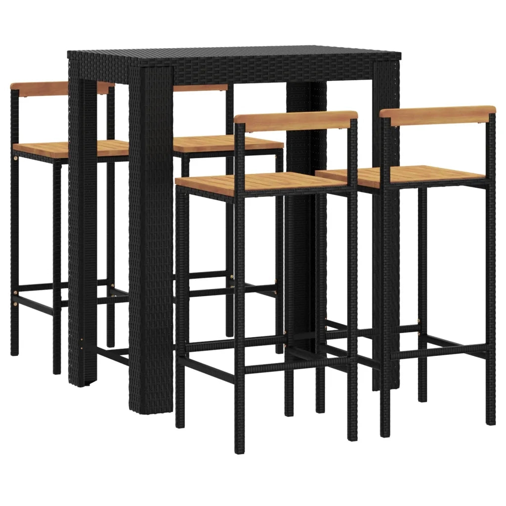 Set Bar Giardino 5 pz Nero Polyrattan e Legno Massello Acaciacod mxl 124643
