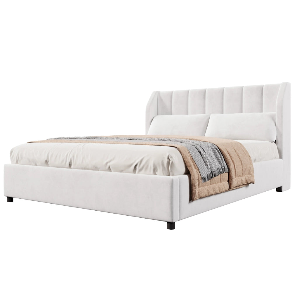 Letto imbottito 140x200 cm con rete a doghe in MDF e flanella beige