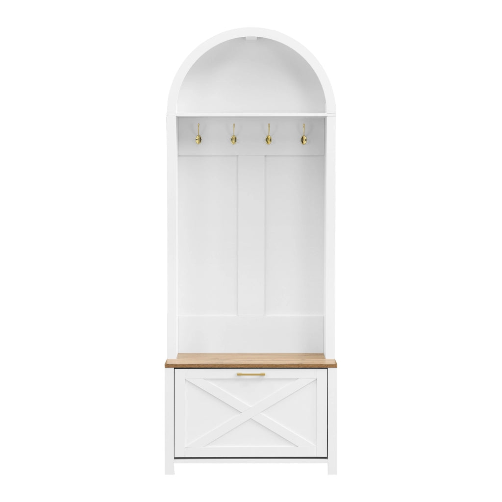 Mobile d'Ingresso con Ganci; Ripiano e Scarpiera; in MDF; Bianco e Legno; 75??35??195 cm