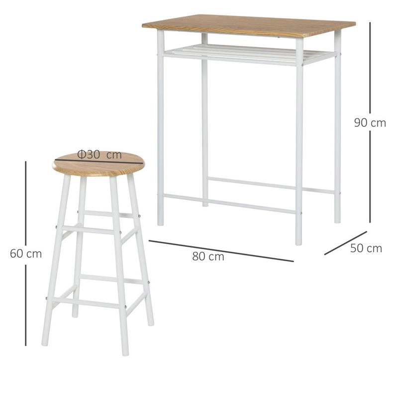 BAR CON 2 SGABELLI ALTI IN LEGNO STILE NORDICO, TAVOLO CON MENSOLA E SGABELLI