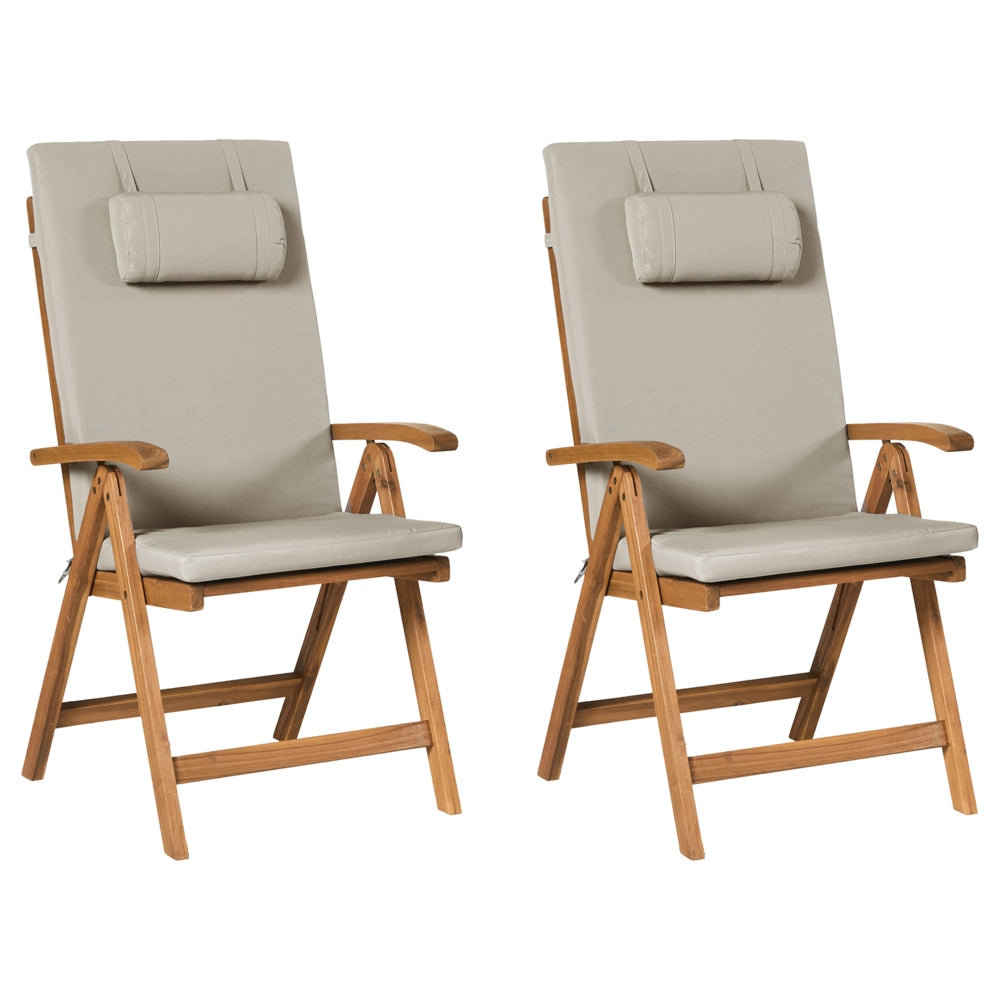 Set di 2 sedie in legno di acacia e cuscini tortora pieghevoli in stile rustico resistente ai raggi UV