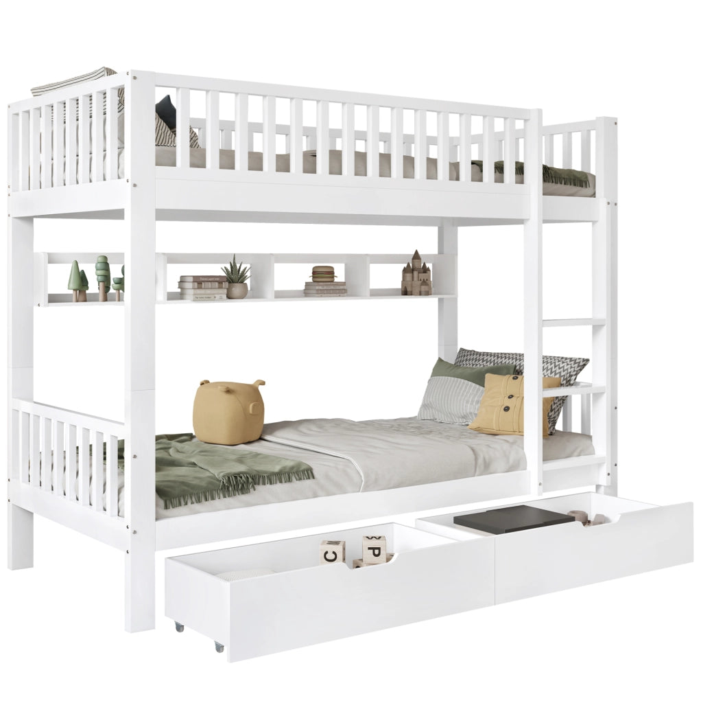 Letto a castello per bambini 90x200 cm bianco in legno di pino e MDF; con scala reversibile e spazio contenitivo