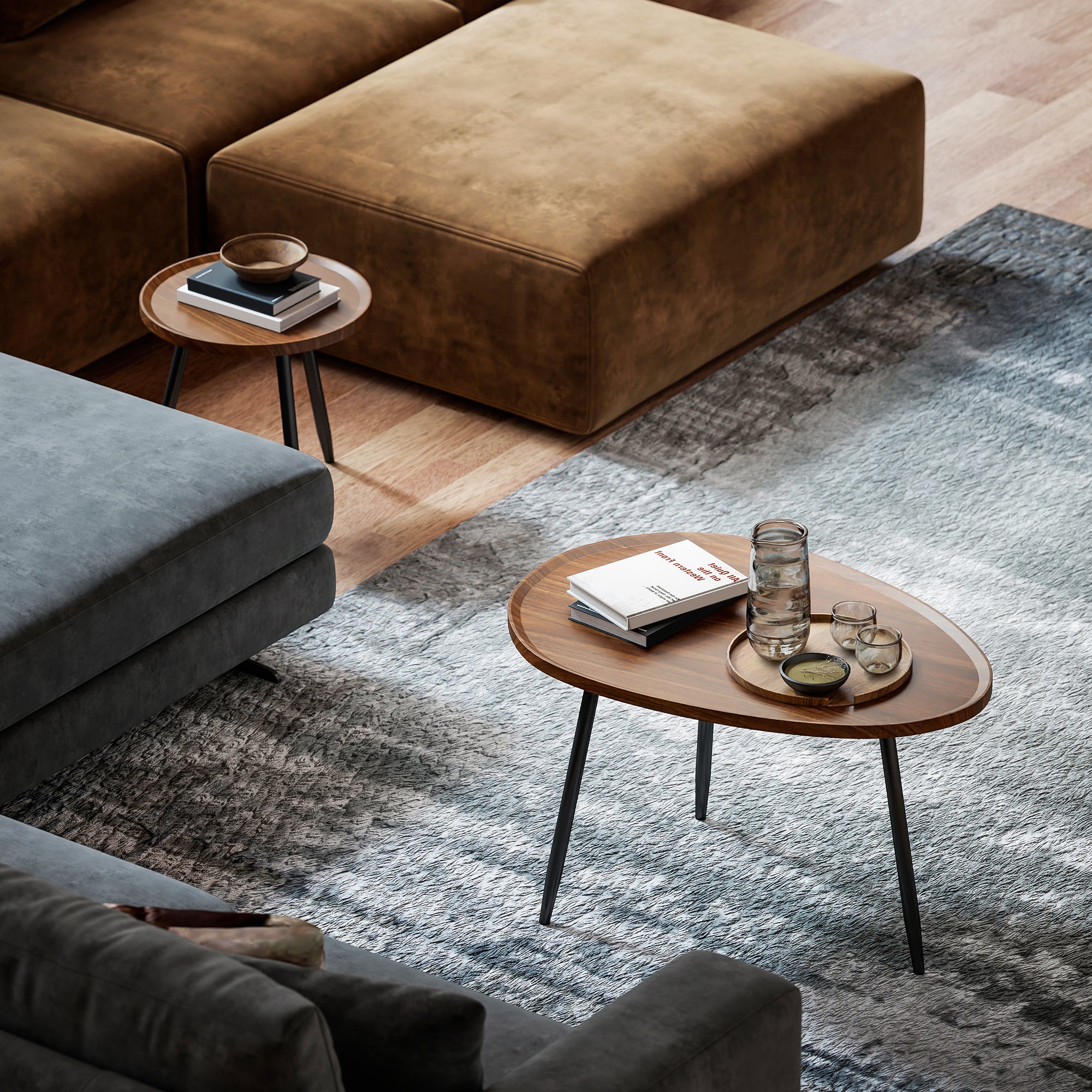 Set 2 Tavolini da Salotto Sovrapponibili in MDF e Gambe in Metallo Colore Legno Scuro