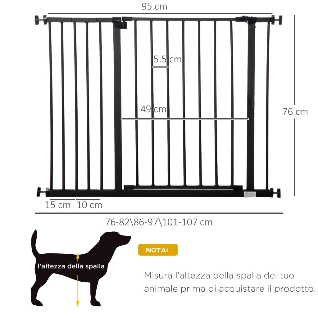 Cancelletto per Cani Estensibile con Viti e Ampia Apertura 76-107x76 cm in Metallo e Plastica Nero