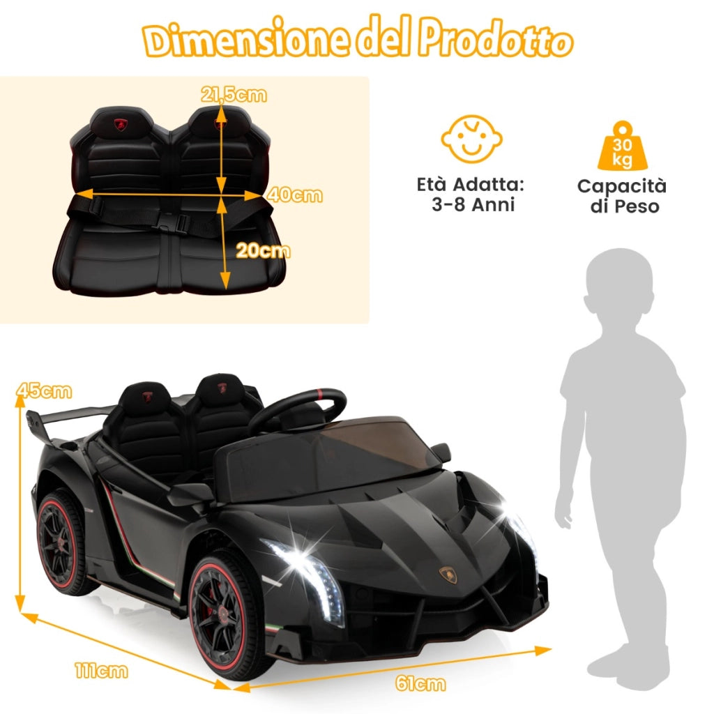 Auto sportiva elettrica per bambini con licenza lamborghini 4WD telecomando 2,4g luci LED, Giocattolo elettrico Nero-Macchinine giocattoli