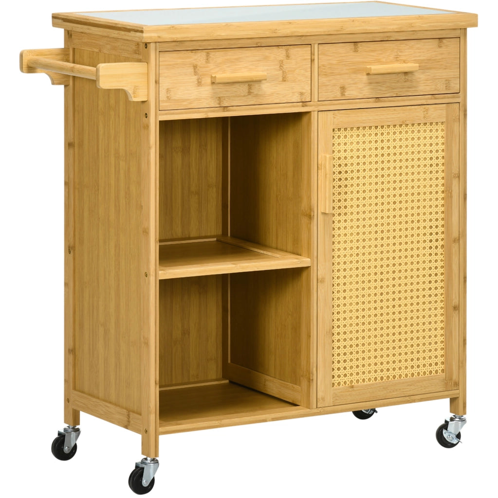 Carrello cucina 84x36x85 cm con piano in vetro; 2 cassetti; bambù naturale