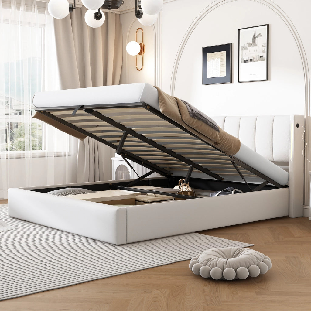 Letto matrimoniale 180 x 200 cm in PU bianco con LED, porta USB, testiera regolabile e contenitore