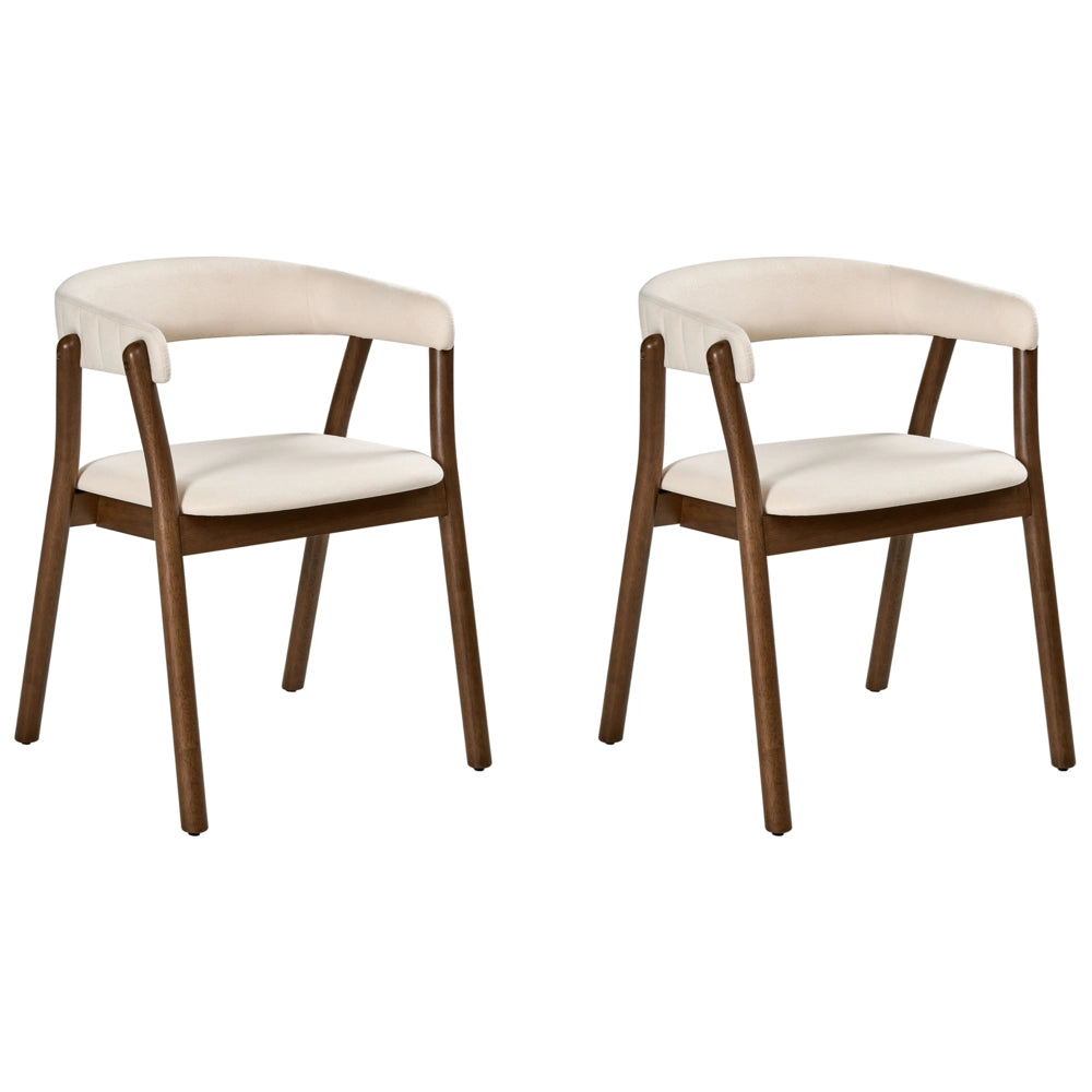 Set di 2 sedie da pranzo in tessuto poliestere marrone scuro e bianco sporco Gambe in legno di gomma Stile retrò tradizionale