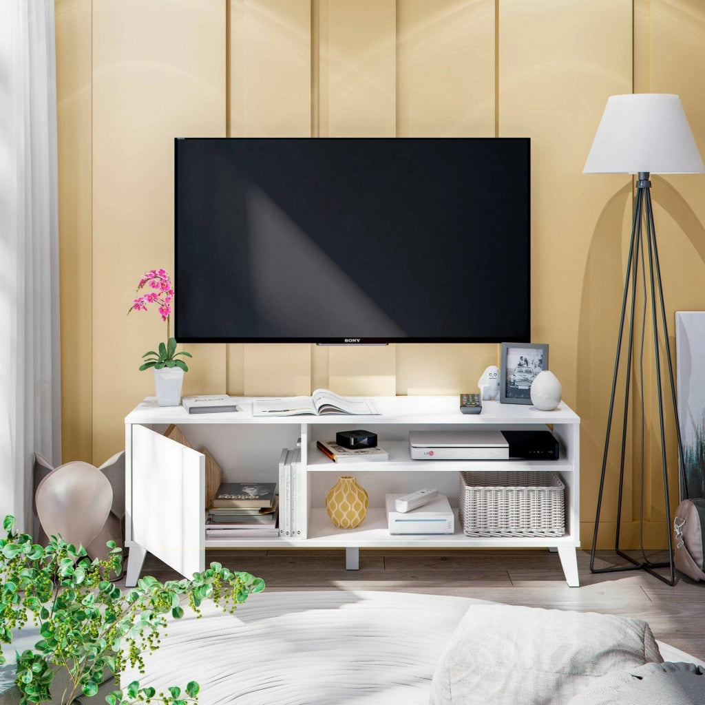 Mobile porta TV Viring, Credenza da soggiorno, Armadio basso per TV, Base parete attrezzata, 135x40 h50 cm, Bianco