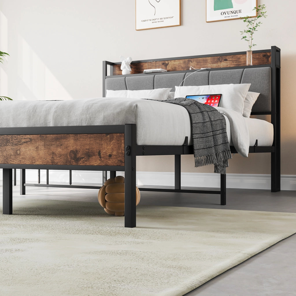 Struttura letto 120 × 200 cm con testiera contenitore; LED; USB e presa; metallo e MDF marrone antico