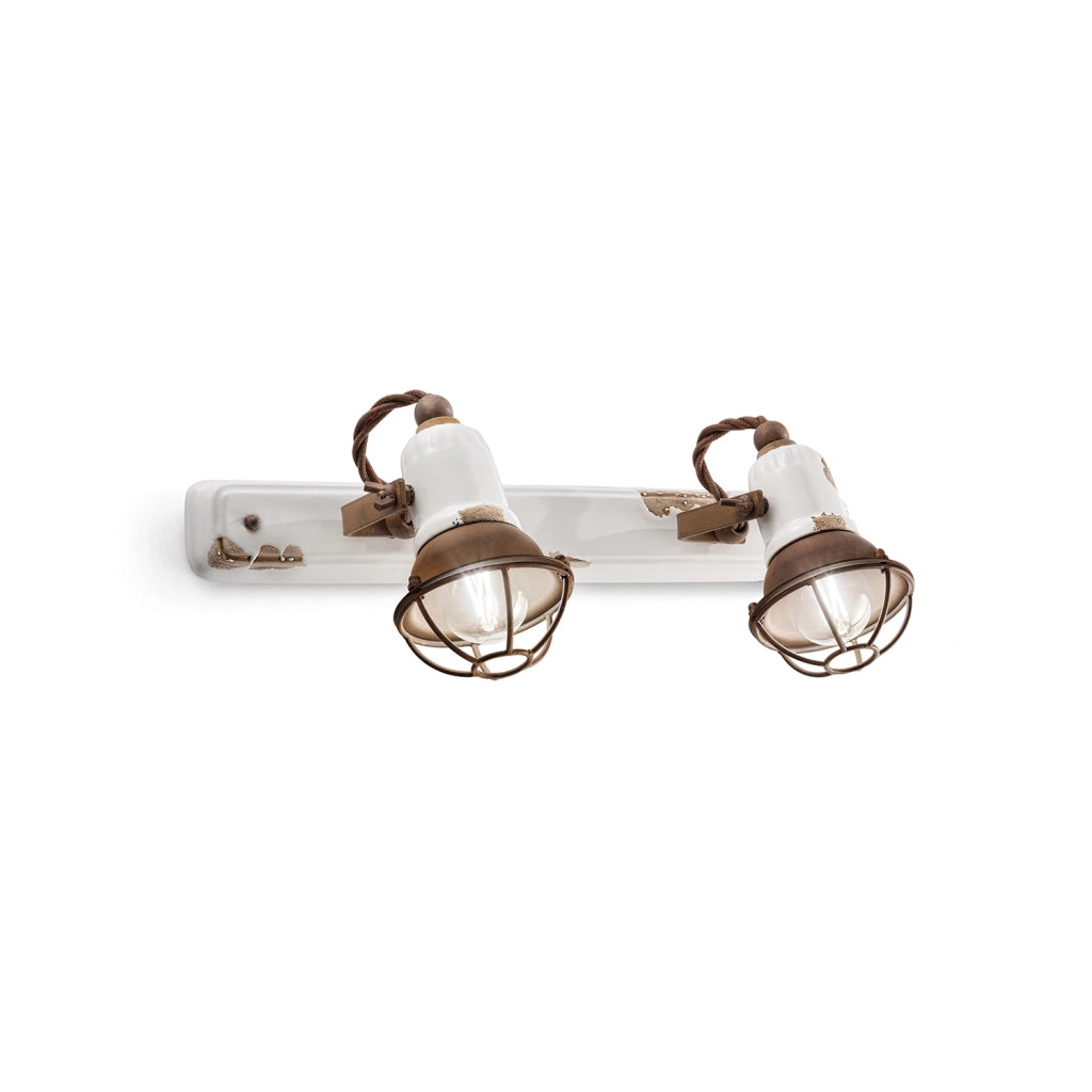 Applique Vintage Loft Ferro E Ceramica Con Rete Bianco 2 Luci E14