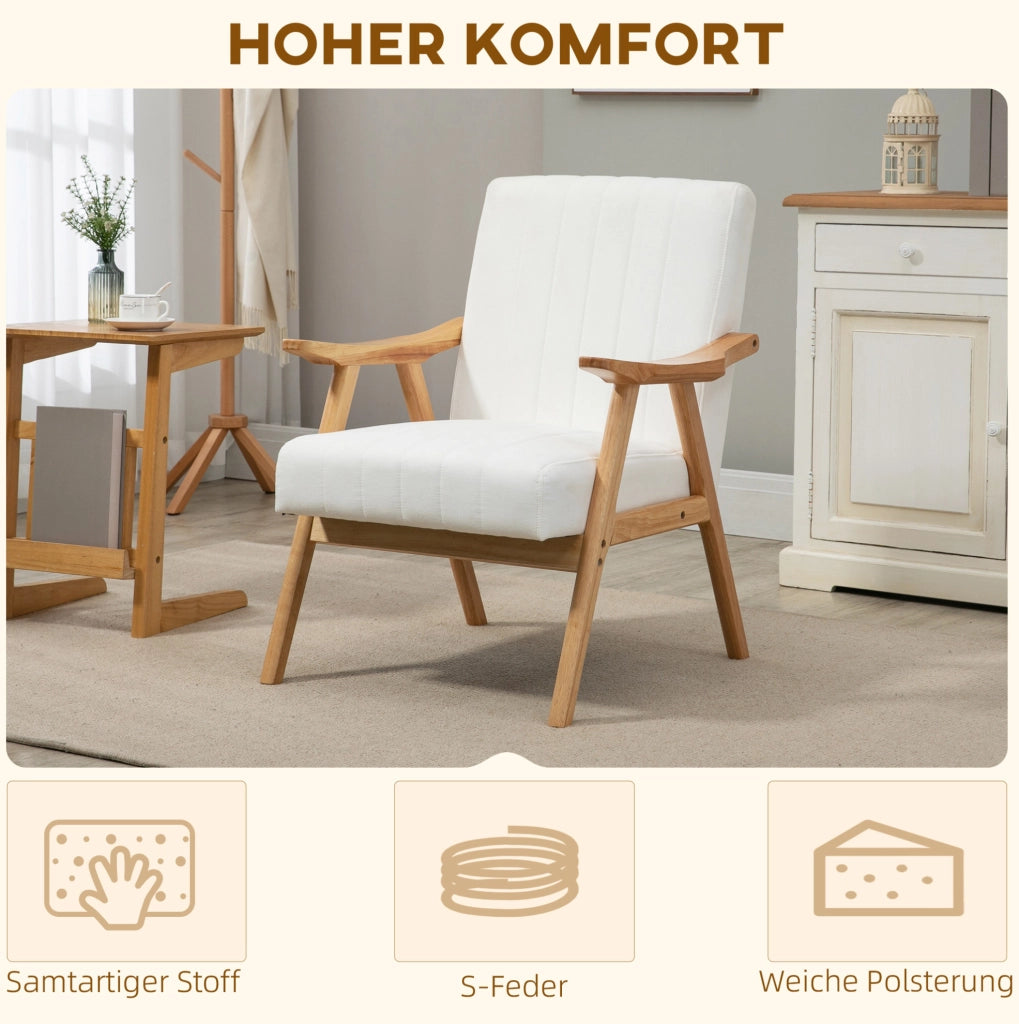 Poltrona lounge in velluto crema con braccioli, design scandinavo, 68x74x82 cm