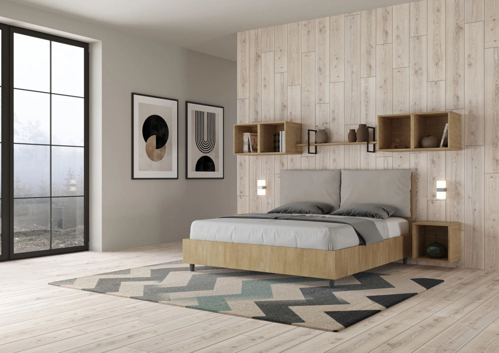 BS COM Letto matrimoniale senza rete 160x200 Quercia cuscini similpelle tortora