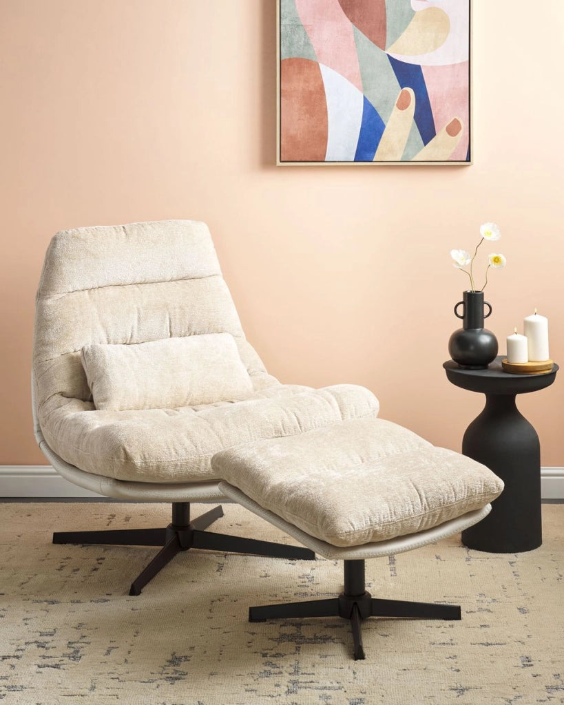 Poltrona girevole con poggiapiedi Beige Ciniglia Base singola Seduta imbottita