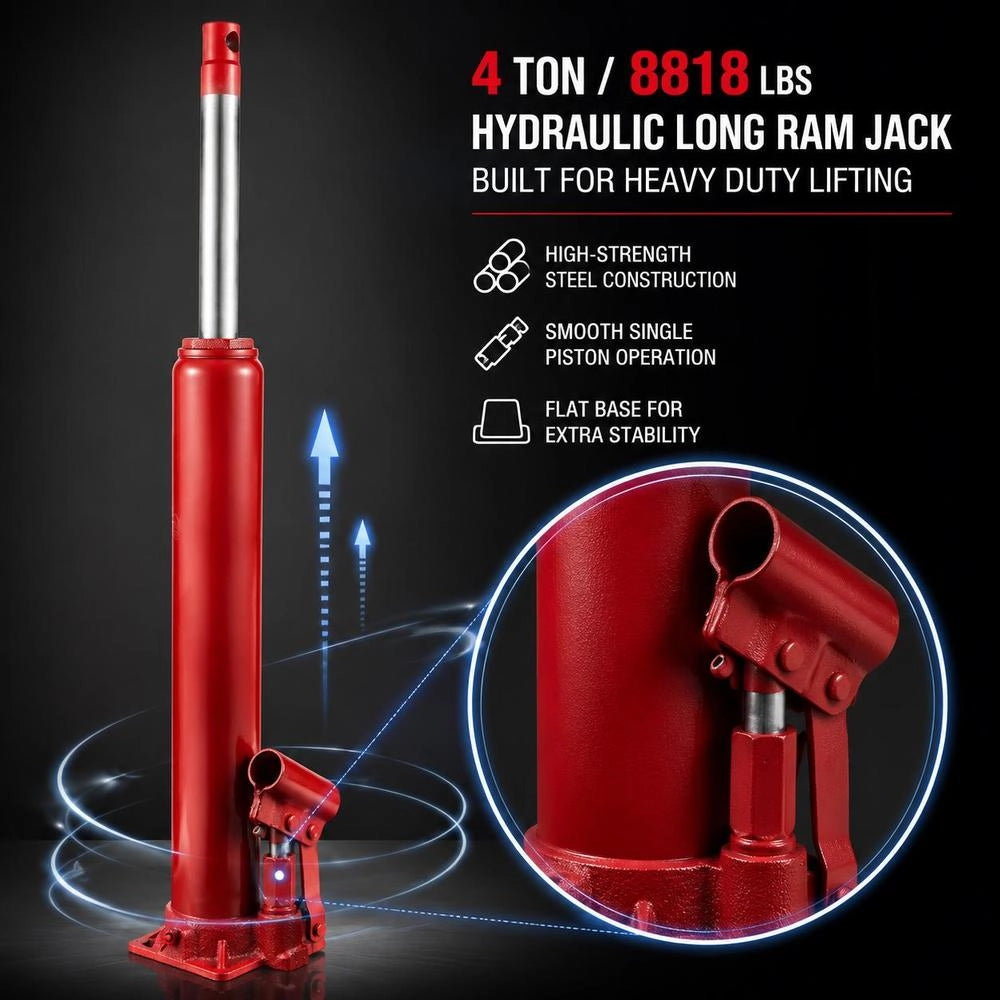 Hydraulic Long Pile Driver, 4 T Lifting Capacity, With Single Piston Pump And Flat Base, Manual Aerial Work Platform Jack With Handle, For Garage/shop Cranes, Engine Lifting Device, Red
