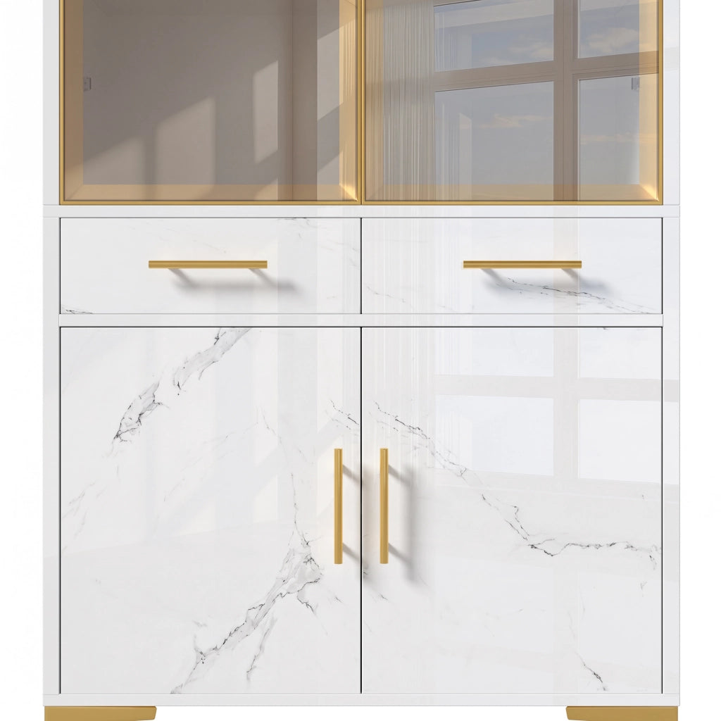 Vetrina con 2 ante in vetro, LED APP, 2 cassetti e ripiani, per soggiorno e sala da pranzo, bianco, 75 × 38 × 170 cm