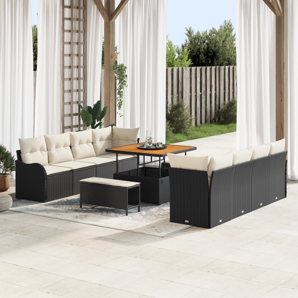 Set Divano da Giardino 11 Pezzi con Cuscini Nero Polirattan Acacia