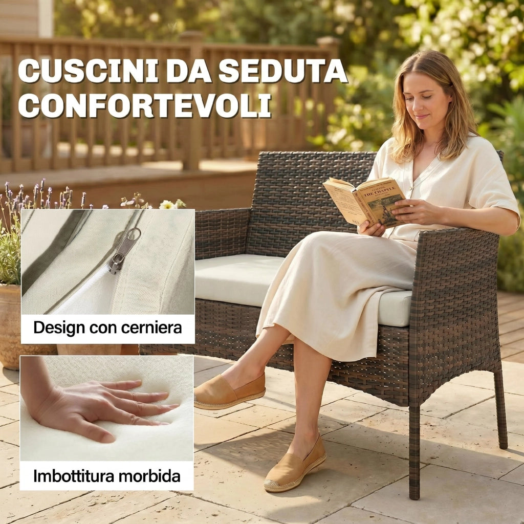Set da Giardino 4 Pezzi con Divano 2 Posti, Sedie e Tavolino ¨C zephmum ¨C Rattan e Acciaio, Beige e Marrone