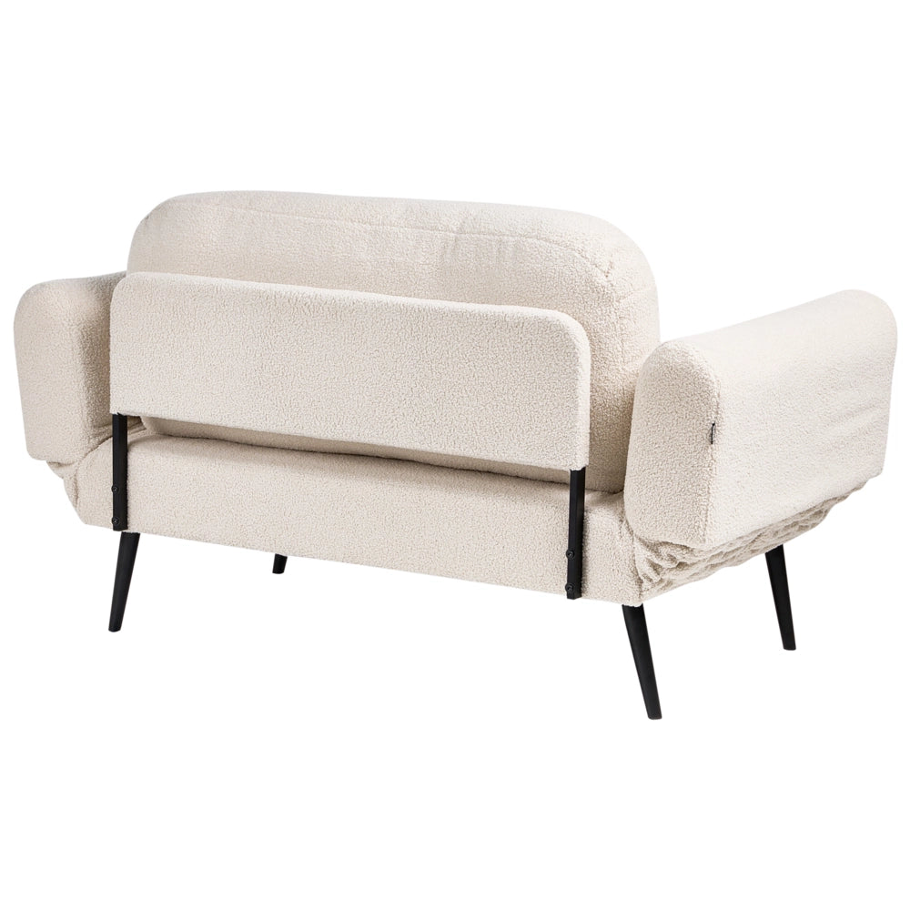 Divano letto con funzione letto cuscino rotondo rivestimento in bouclé gambe in ferro per soggiorno o camera da letto color bianco sporco