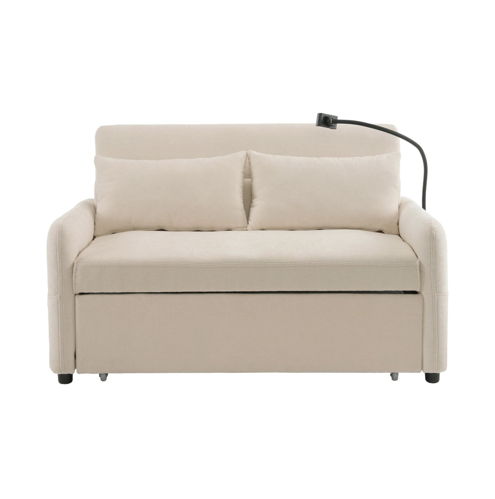 Divano letto estraibile 2 posti con schienale regolabile e porte USB in chenille beige