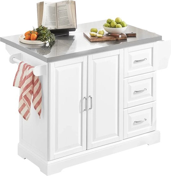 Carrello da Cucina Rotante - Cesta da Servire su Ruote - Cesta da Cucina con Lavorazione in Acciaio Inossidabile - Tavoli di Lavorazione Opaca - Carrello di Magazzino - Bianco - Legno - 130 x 43/71 x 91 cm
