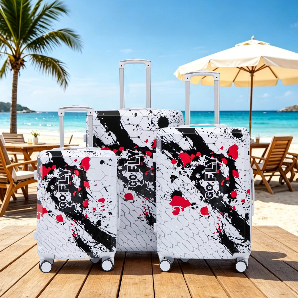 Valigie rigide set da 3 pezzi da viaggio con ruote doppie silenziose e lucchetto a combinazione in PC nero