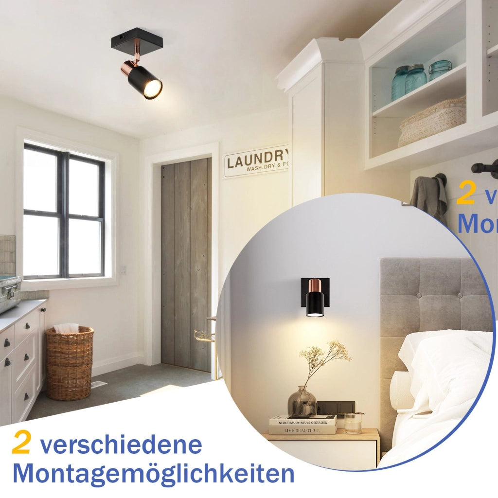 ZMH Faretto da soffitto Faretto da soffitto 1 lampadina GU10 nera orientabile 355°