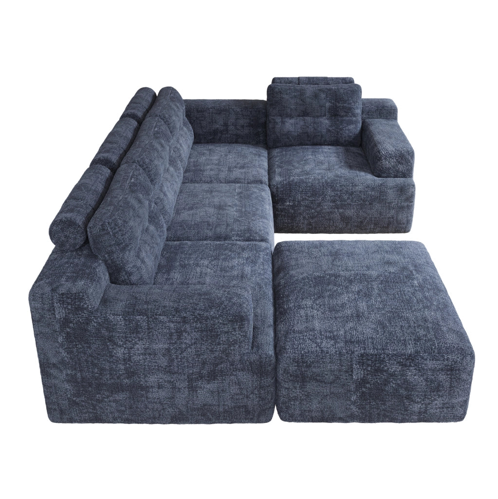 Divano modulare a U 5-6 posti con pouf in ciniglia blu