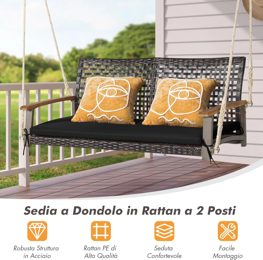 Dondolo Sospeso per Esterno a 2 Posti, Altalena da Giardino con Cuscino, Sedia Sospesada Gairdino con Braccioli, per Portico, Capacità di carico di 360 kg (Nero)