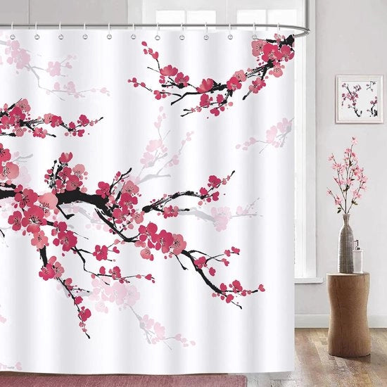 Douchegordijn Kersenbloesem - Acquastato, Antimuffa, 180 x 180 cm, Lavabile con 12 Ganci