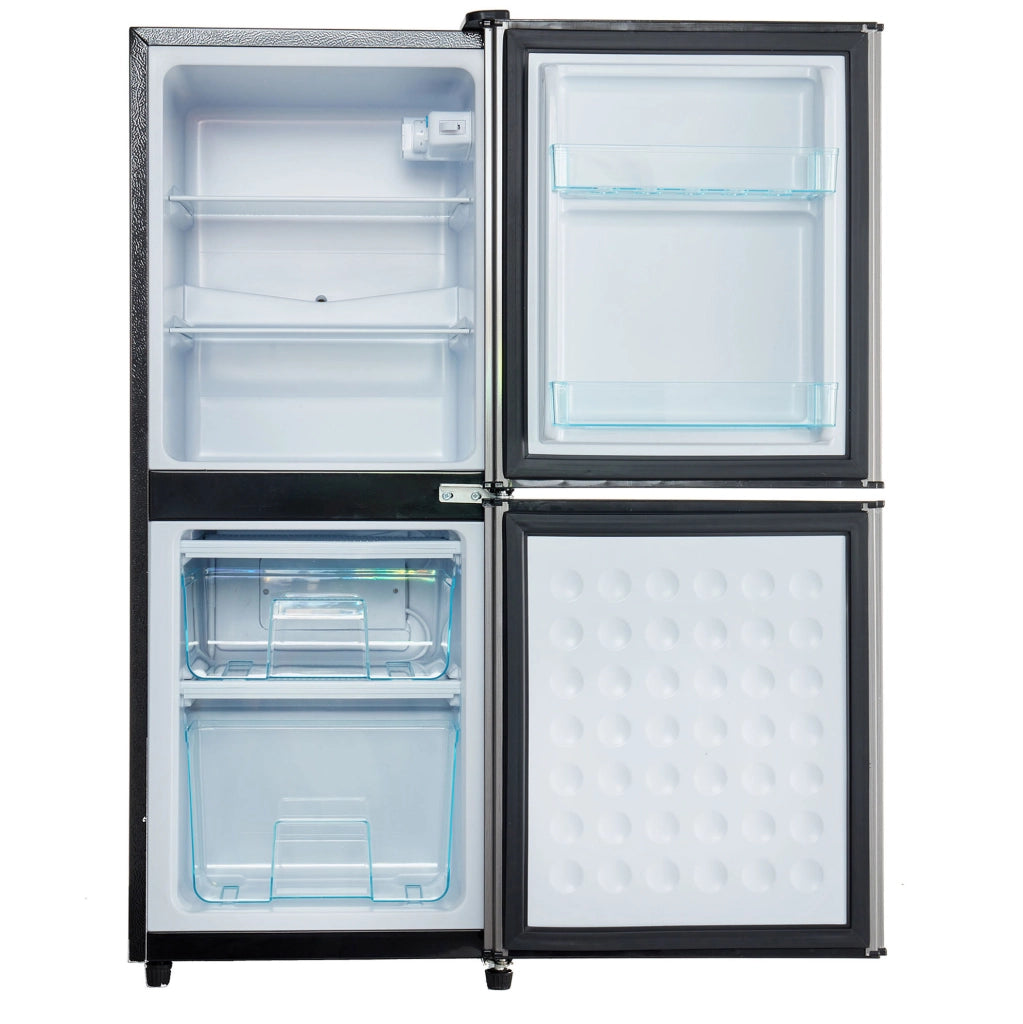 Frigorifero doppia porta 106 L con congelatore 46 L; nero e argento; acciaio inox