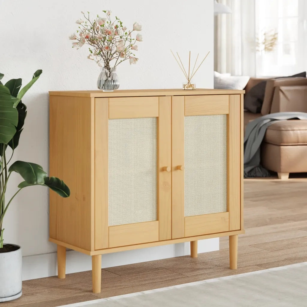Credenza | Madia | Buffet da pranzo | Armadio da pranzo SENJA Aspetto Rattan Marrone 80x35x80 cm Massello Pino