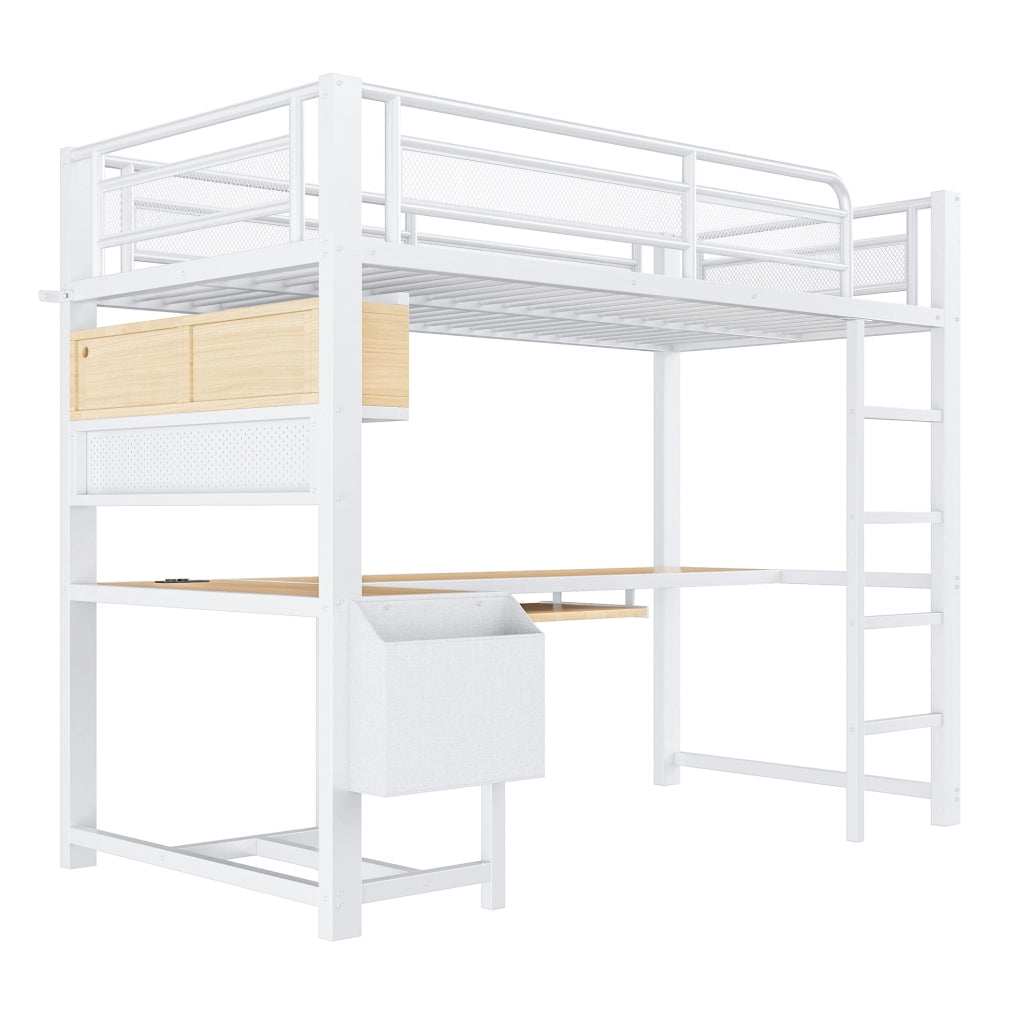 Letto a soppalco 90x200 cm con scrivania; LED e presa di ricarica in MDF e metallo bianco
