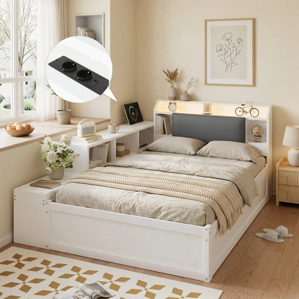 Letto contenitore 120x200 cm con apertura idraulica reversibile; testiera imbottita con vani; LED e USB; legno bianco