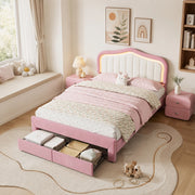 Letto imbottito rosa 140x200 cm con due cassetti LED controllata da app in velluto