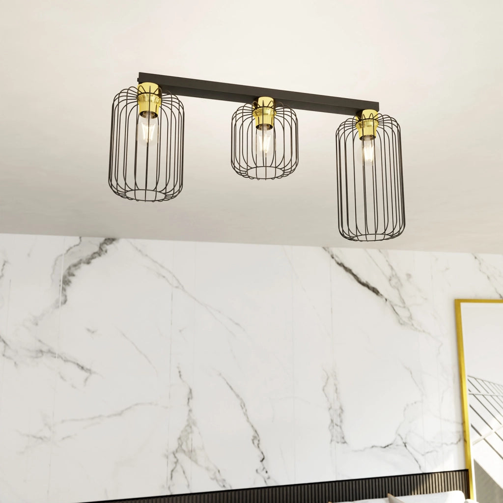 Plafoniera Minimal Industrial Njoror 3 Luci Lineari Nera E Oro