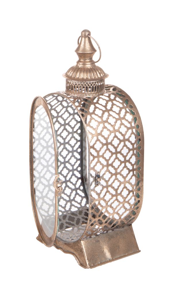 Lampada Lanterna Decorativa Ovale 41 cm in Metallo e Vetro Champagne