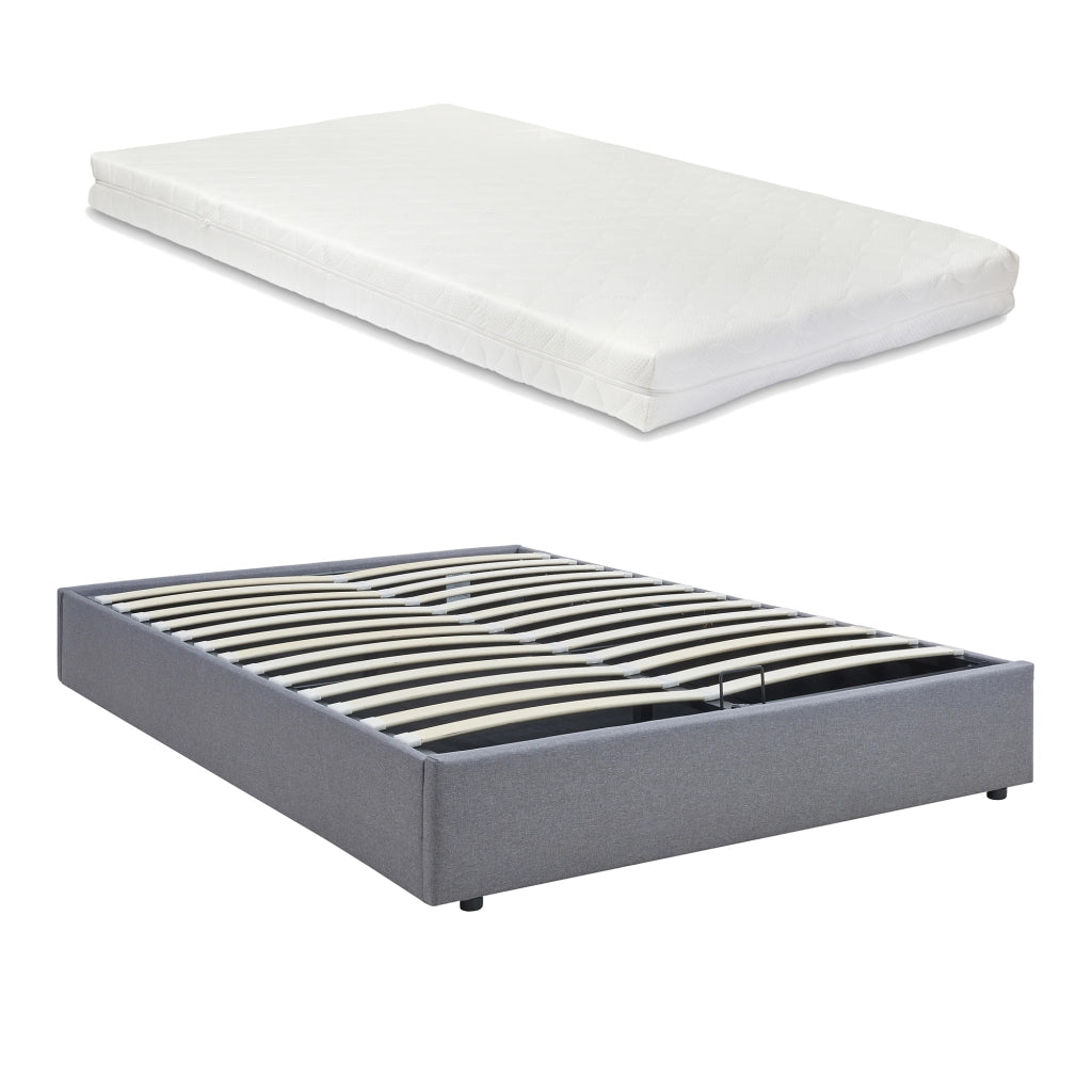 Letto Francese Contenitore Nola 140x200 cm con Materasso Apertura a Ribalta Rivestito in Tessuto Lino - Grigio [en.casa]