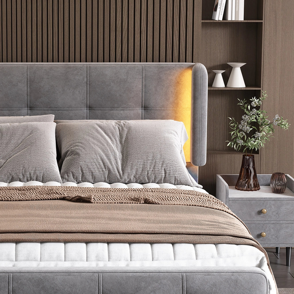 Letto imbottito LED 16 colori in velluto grigio 140x200 cm