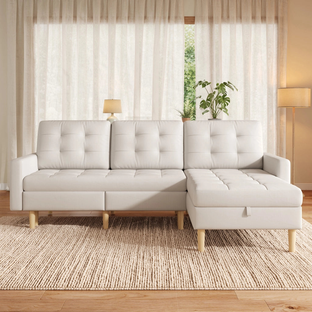 Divano angolare con vano contenitore 212×130×86 cm, chaise longue reversibile, beige