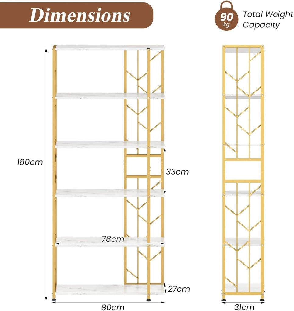 Scaffale a 6 livelli, libreria 180 cm di altezza con ripiani aperti, organizer portaoggetti autoportante con telaio in metallo e kit antiribaltamento, per soggiorno, ufficio (oro + bianco)