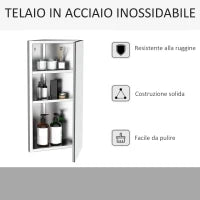 Armadietto Angolare Bagno in Acciaio Anta a Specchio Chiusura Magnetica 3 Ripiani Salvaspazio 60x30x18.4cm