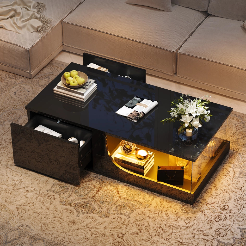 Tavolino da caffè con 2 cassetti e LED; per soggiorno; in MDF e vetro; 100 x 50 x 30 cm; nero