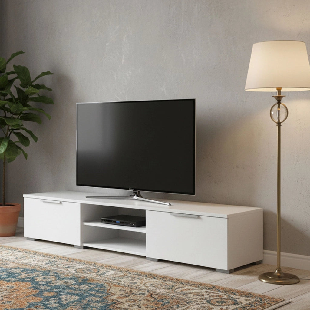 Mobile porta TV a due Ammiro, colore bianco lucido, cm 172 x 33 x 39